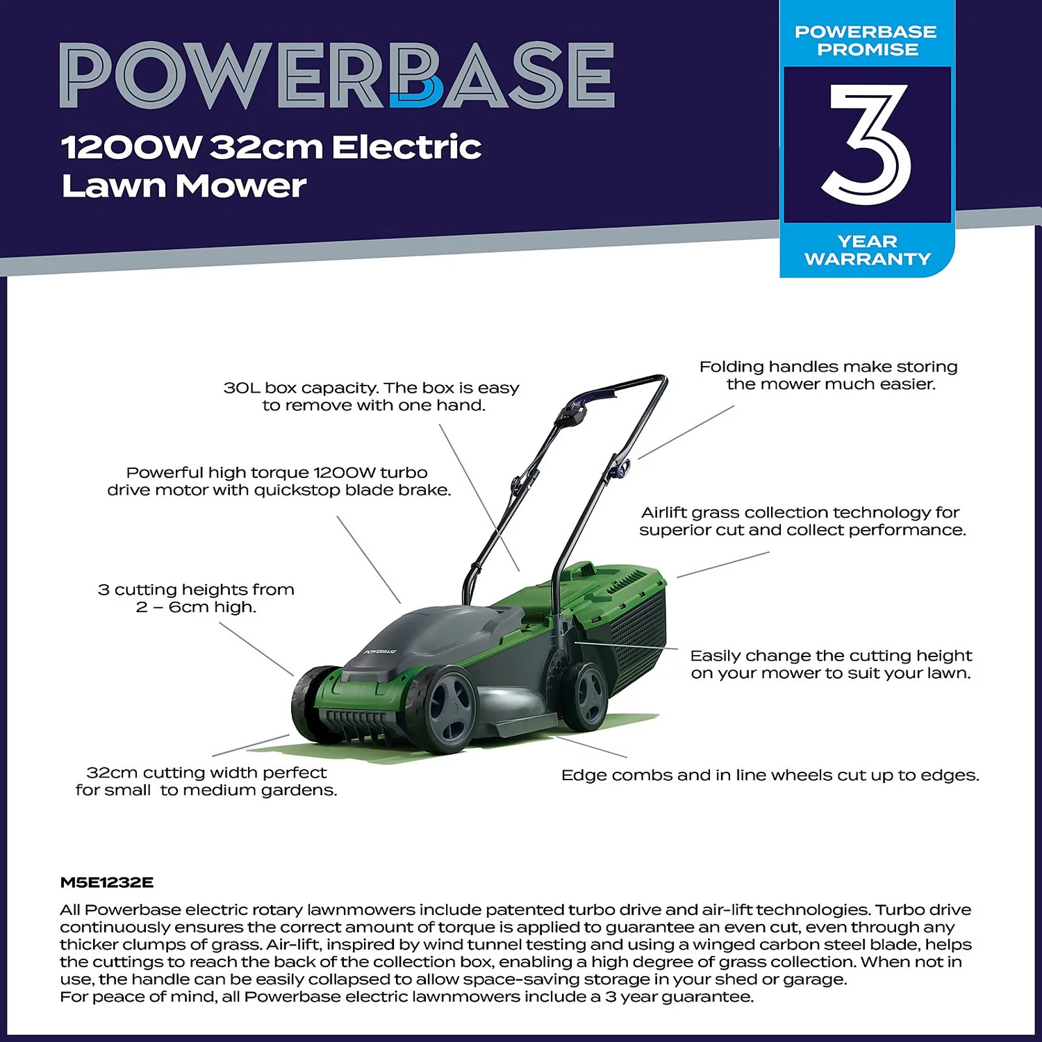Powerbase 1200W Electric Lawn Mower - 32cm - Image 2