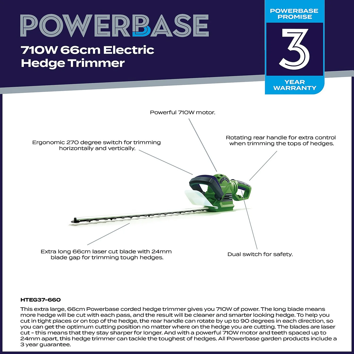 Powerbase 710W Electric Hedge Trimmer - 66cm - Image 2