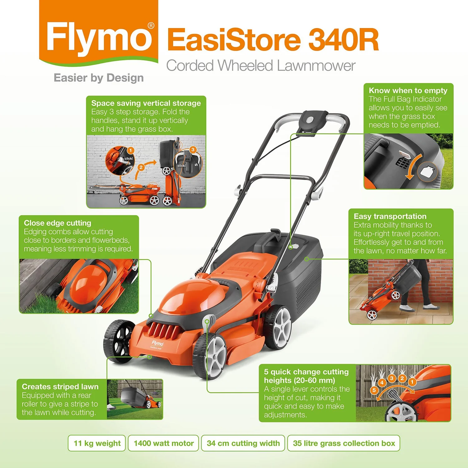 Flymo 1400W EasiStore 340R Electric Lawn Mower - 34cm - Image 9