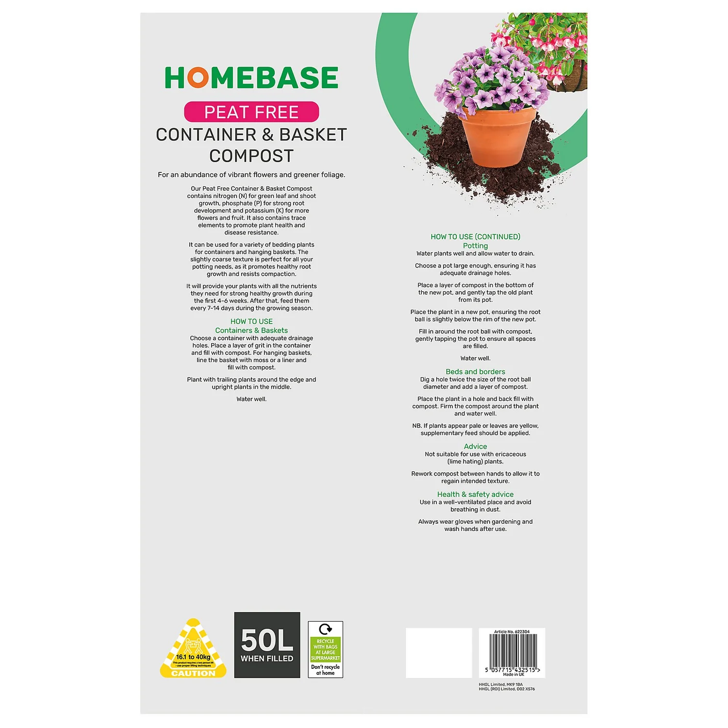 Homebase Peat Free Container & Basket Compost - 50L - Image 2