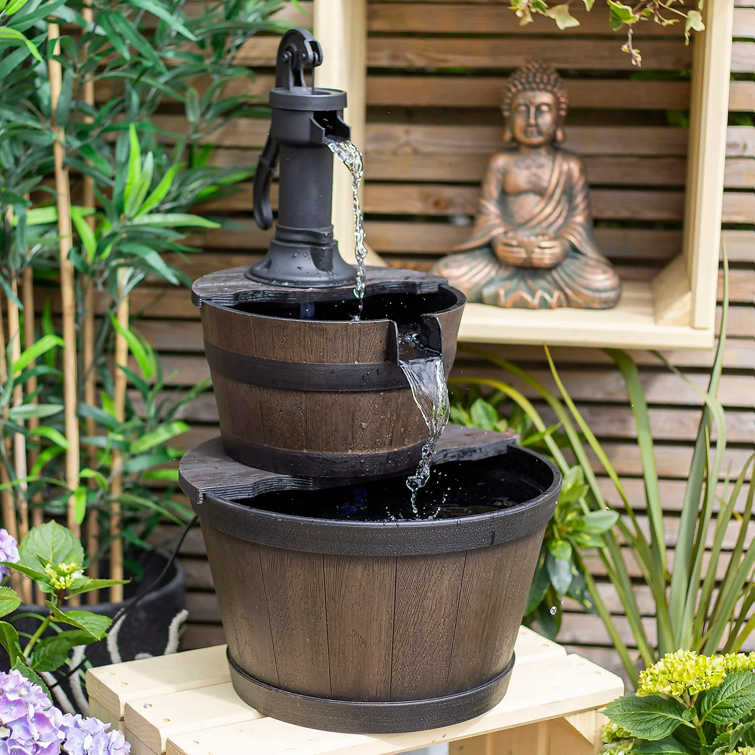 Stylish Fountain Whiskey Barrels Garden Water Feature - Image 5