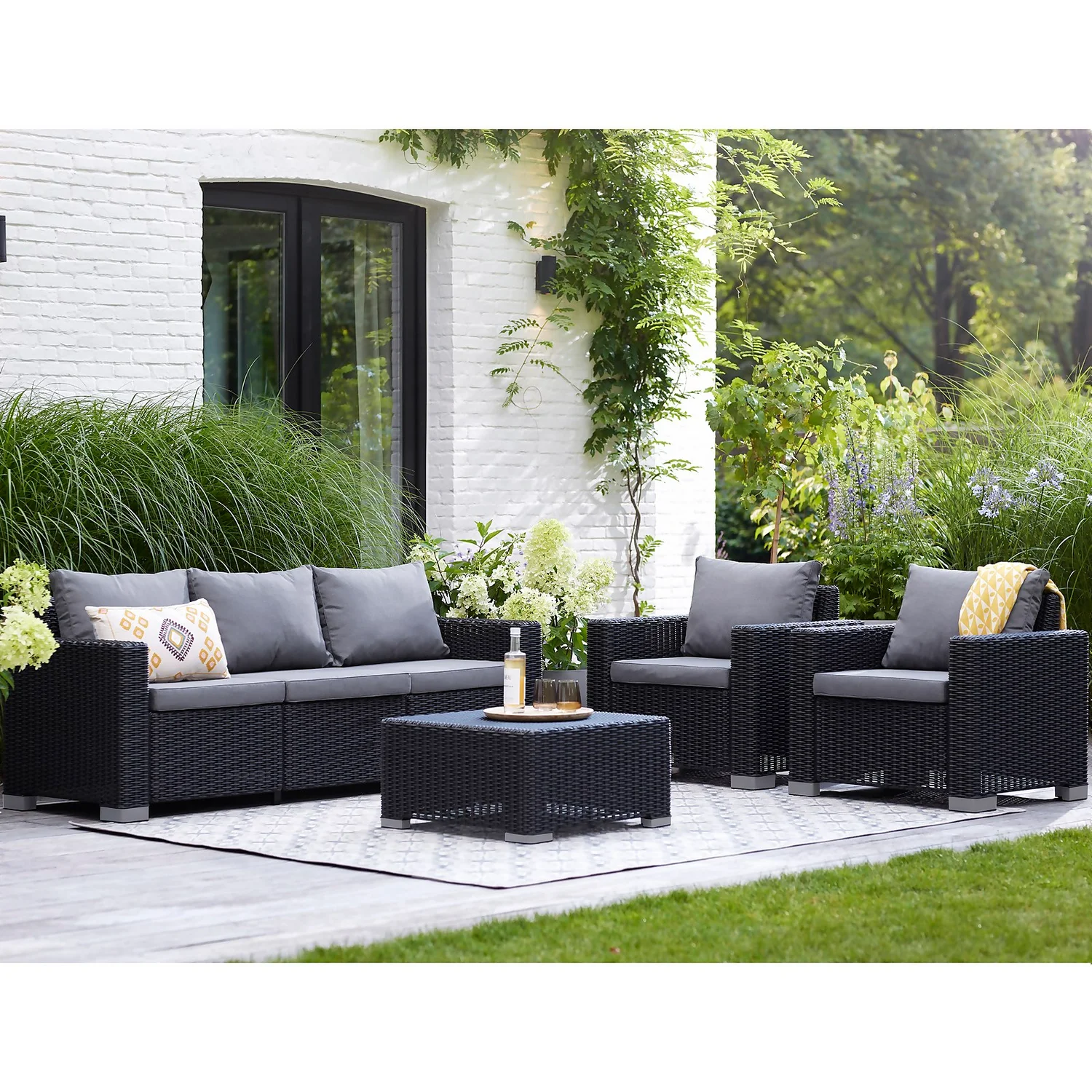 Keter California 5 Seater Outdoor Garden Furniture Sofa And Lounge Set - Graphite With Grey Cushions - Image 7